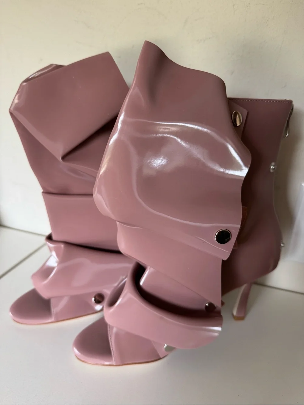 Ruffled Open-Toe Ankle Bootie in Dusty Rose